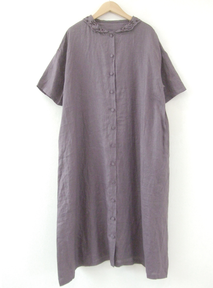 リネン衿刺繍前開きワンピース ELLIFE ONLINE SHOP