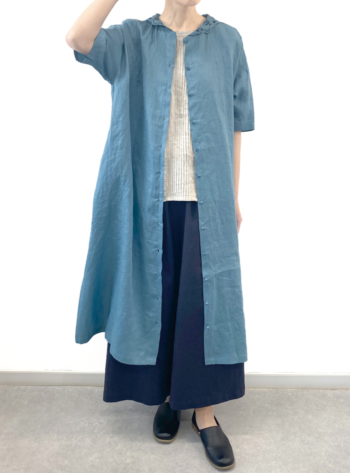 リネン衿刺繍前開きワンピース ELLIFE ONLINE SHOP